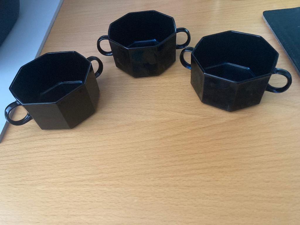 3 zwart soepkommen / Arcoroc France Octime - vintage, Ophalen of Verzenden, Zo goed als nieuw, Kom(men), Effen