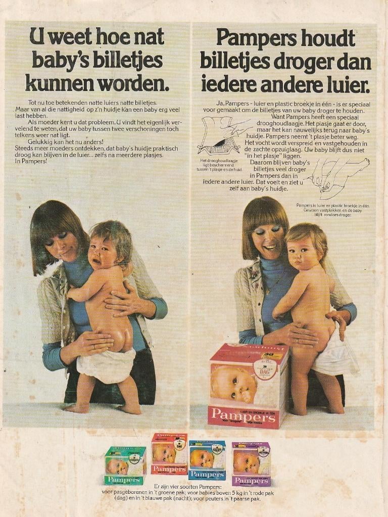 Retro reclame 1976 Pampers baby luiers nog 4 pakken, Verzenden, Overige typen
