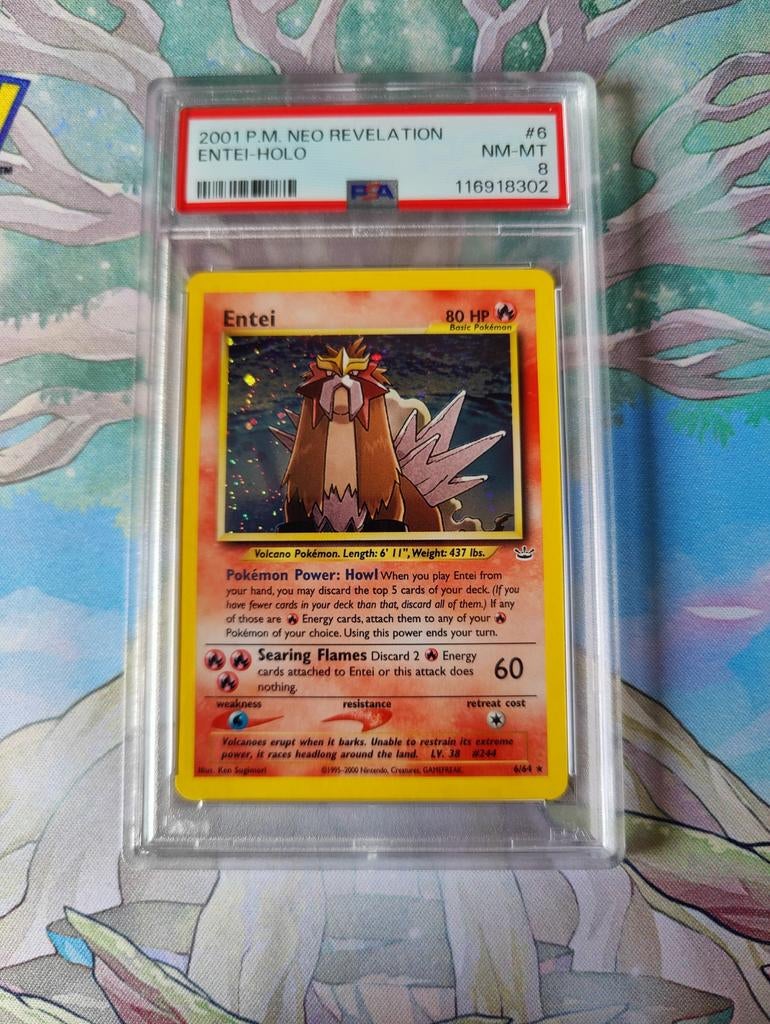 Pokemon neo revelation entei Holo psa8 near mint/mint, Hobby en Vrije tijd, Verzamelkaartspellen | Pokémon, Ophalen of Verzenden
