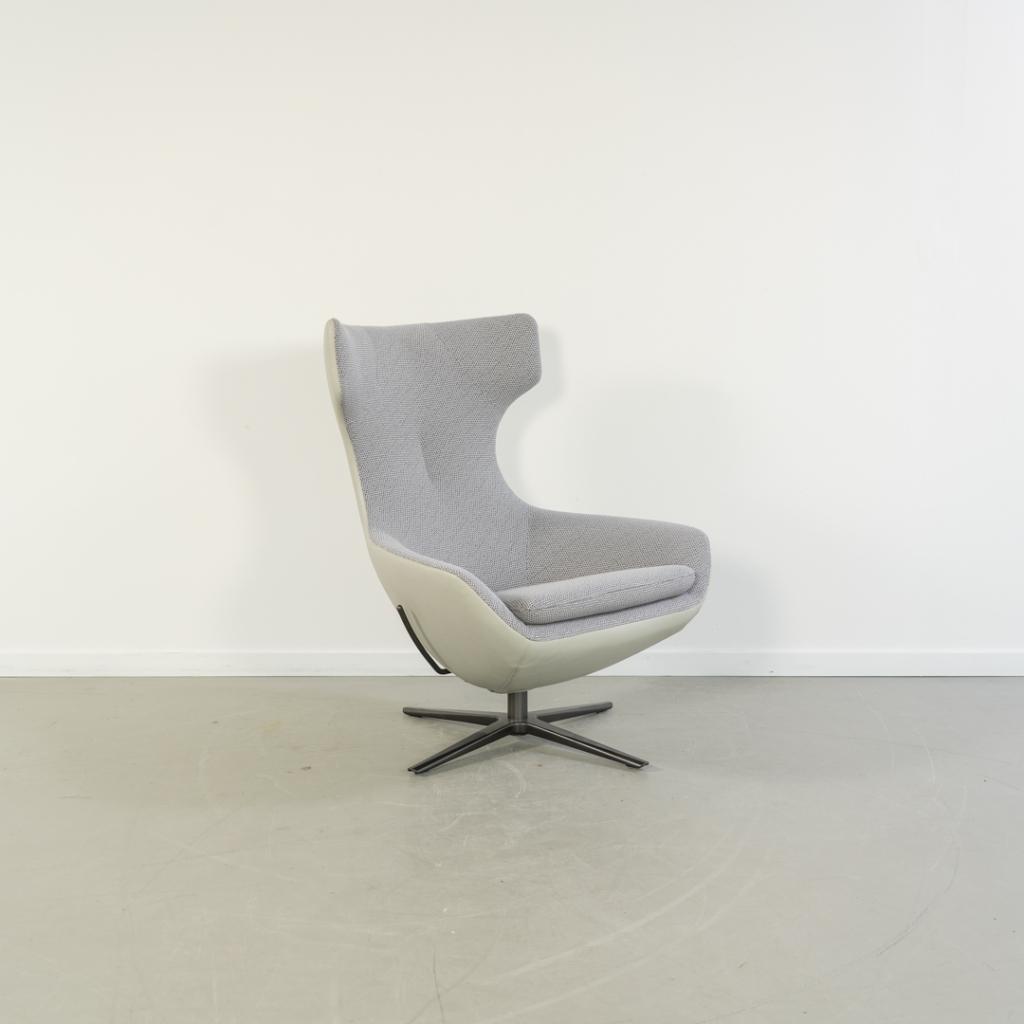 1x Leolux Caruzzo Fauteuil Groen Leer/Grijs Stof - Zwart