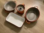 Vintage rood -oranje gevlamde emaille keukenset, Ophalen of Verzenden