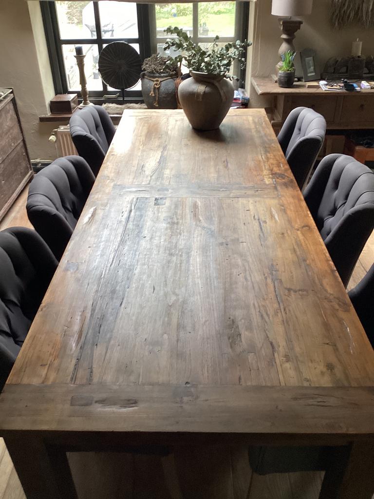 Mooie grote houten tafel, Teakhout, 200 cm of meer, Zo goed als nieuw, Vijf personen of meer