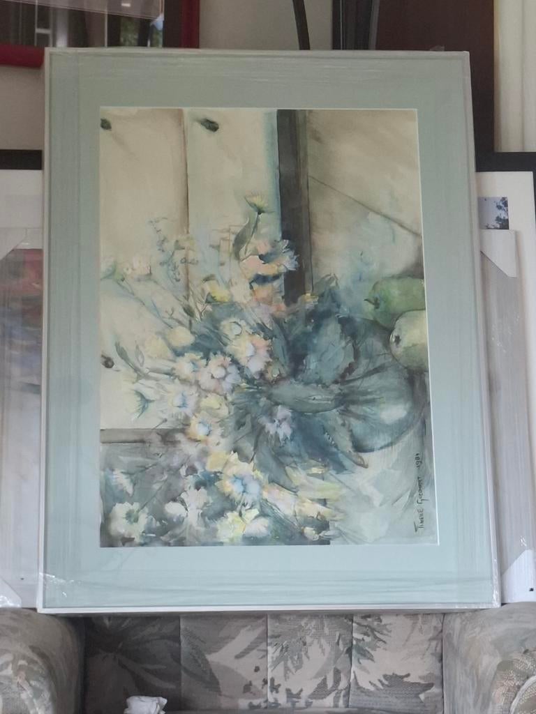 Aquarel van Tineke Goedhart, bloemen en fruit, Ophalen