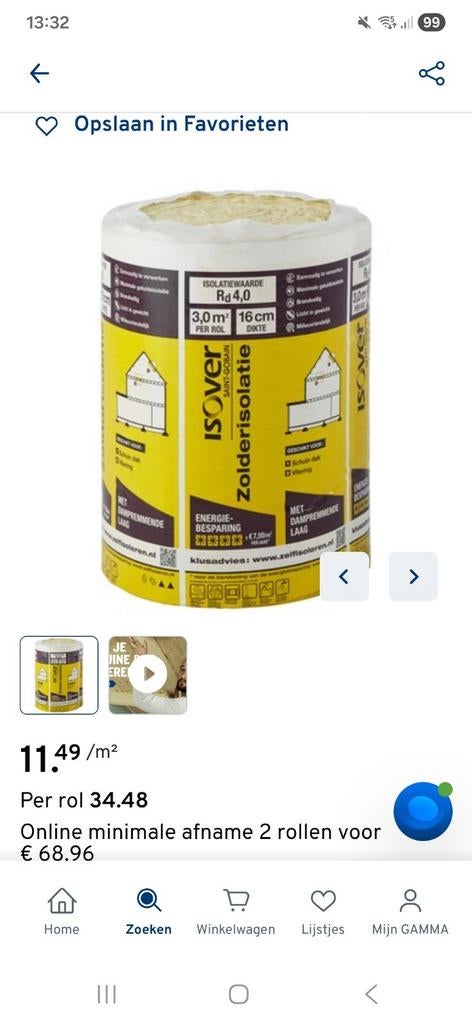 Isover zolderisolatie, 12 cm of meer, Zo goed als nieuw, Minder dan 5 m², Glaswol