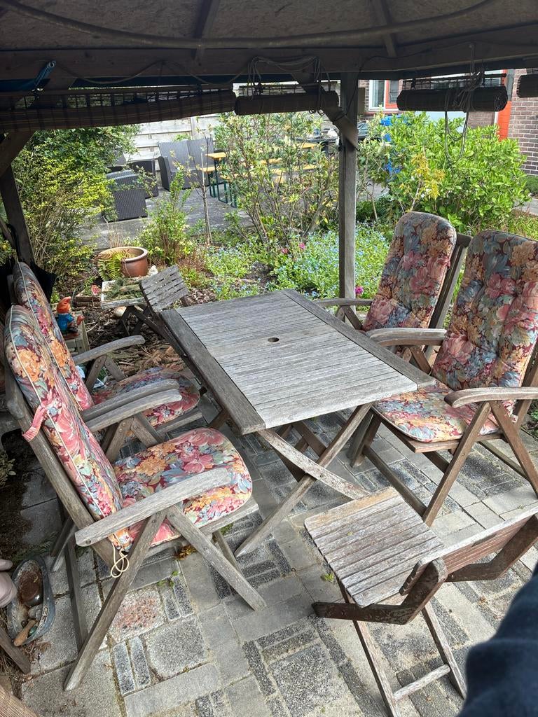 Houten tuinset met 6 stoelen en kussens, Tuin en Terras, Tuinsets en Loungesets, Ophalen, Gebruikt, Eettafel, 6 zitplaatsen