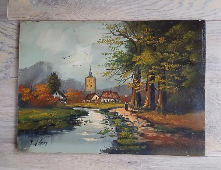Schilderij # Dorp aan het Beekje, Antiek en Kunst, Kunst | Schilderijen | Klassiek, Ophalen of Verzenden