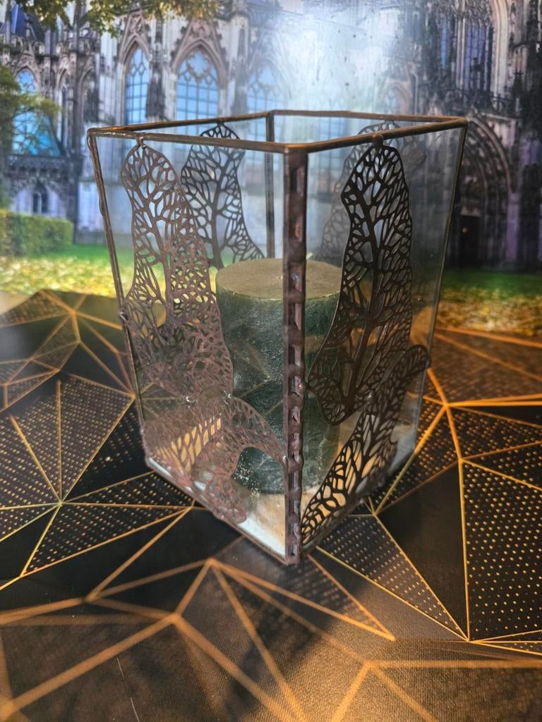 Uniek handgemaakt windlicht van koper/tin, 20 cm hoog, Ophalen of Verzenden