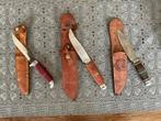 Drie mooie vintage jachtmessen met leren schede., Ophalen of Verzenden