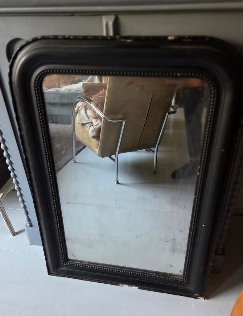 Antieke Franse Louis Philippe spiegel met parelrand ca 1890, Antiek en Kunst, Curiosa en Brocante, Ophalen