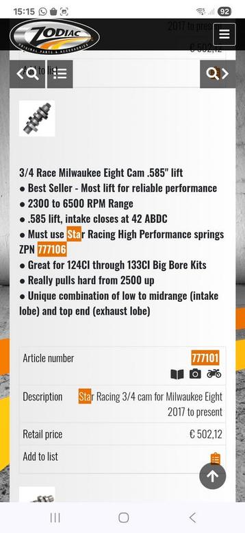 Harley Davidson M8 3/4 Star Race Cam - Nieuw in Doos beschikbaar voor biedingen