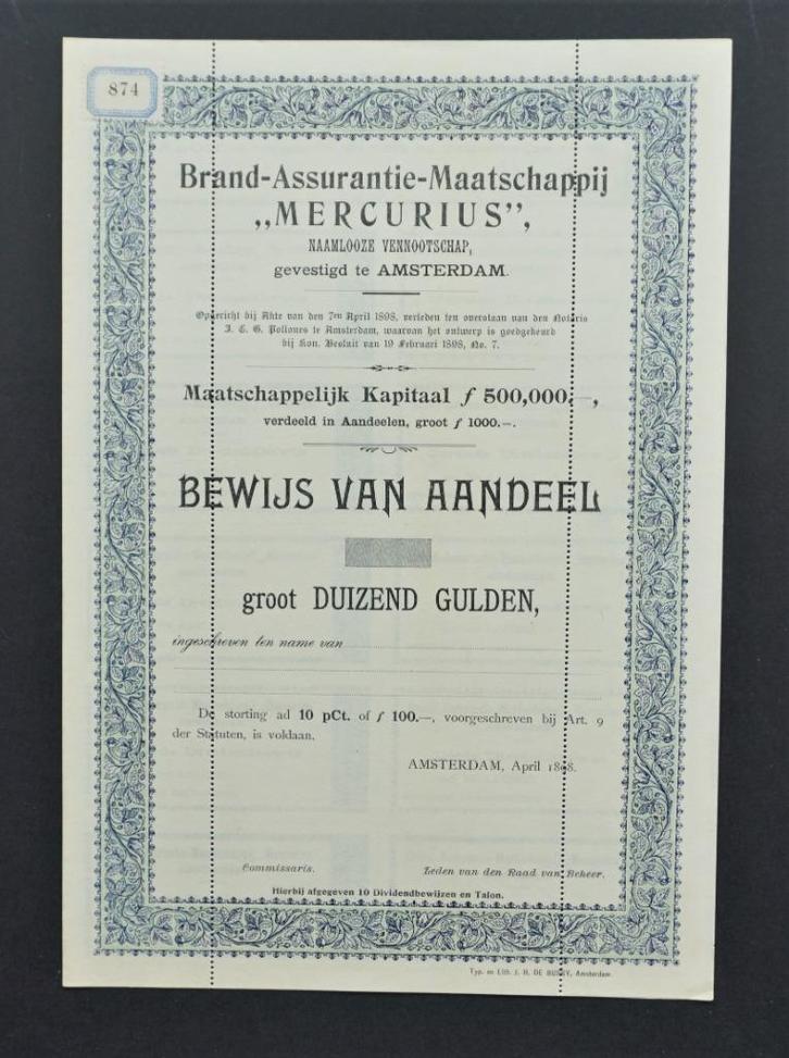 Brand-Assurantie Maatschappij Mercurius - 1898, Postzegels en Munten, Aandelen en Waardepapieren, Aandeel, Voor 1920, Verzenden