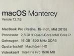 MacBook Pro 15" 2015 - Intel i7, 16GB RAM, Computers en Software, Apple Macbooks, MacBook Pro, Gebruikt, 2 tot 3 Ghz, Ophalen of Verzenden