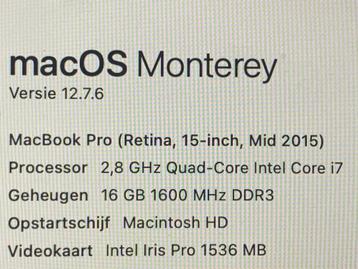 MacBook Pro 15" 2015 - Intel i7, 16GB RAM beschikbaar voor biedingen