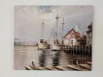 Schilderij haven, boten 60*50 cm olieverf beschikbaar voor biedingen