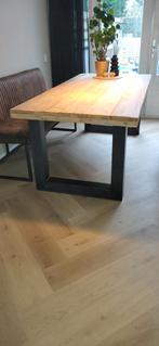 Steigerhouten industriele eettafel met metalen U poten, Ophalen, Gebruikt, 100 tot 150 cm, Metaal