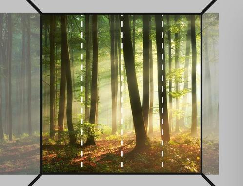 fotobehang ochtendzon tussen bomen 3x3m, Huis en Inrichting, Stoffering | Behang, Zwart, Bruin, Geel, Groen, Oranje, minder dan 10 m²