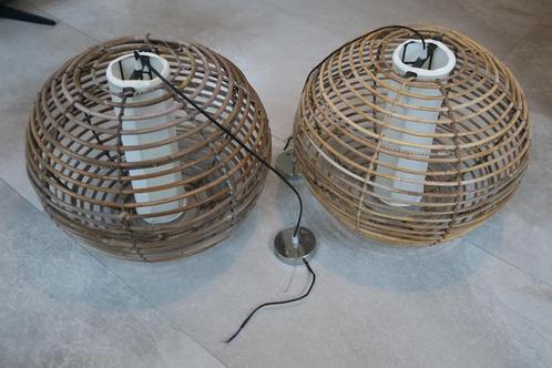 2x Grote Bamboe Hanglampen 54 cm, Huis en Inrichting, Lampen | Hanglampen, Gebruikt, Minder dan 50 cm, Hout, Stof, Overige materialen