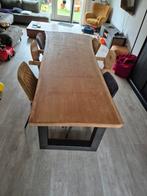 Eiken boomstamtafel met stoer ijzeren onderstel, Ophalen, Rechthoekig, 200 cm of meer, 50 tot 100 cm
