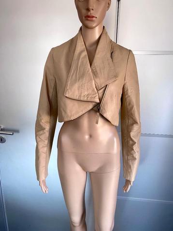 J114 echt-leren kort jasje mt 34 bolero blazer colbert beige beschikbaar voor biedingen
