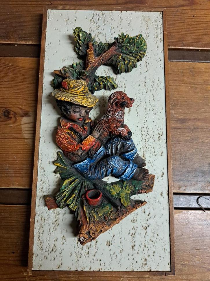 Vintage 3D Schilderij Jongen met Hond, Antiek en Kunst, Kunst | Overige Kunst, Ophalen