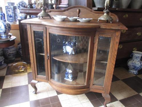Antiek eiken Theekastje met geslepen en gebogen glas 87,5cm, Antiek en Kunst, Curiosa en Brocante, Ophalen
