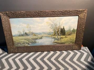 Schilderij met landschap en sierlijke lijst beschikbaar voor biedingen