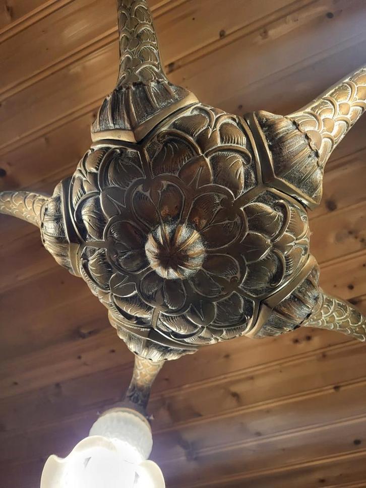 Zeldzame antieke brons/koperen forse 5 armige kroonluchter, Antiek en Kunst, Antiek | Lampen, Ophalen