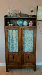 Vintage brocante Eiken boeken- Vitrinekastje met Gordijntjes, Ophalen, Vintage, Eikenhout, 50 tot 100 cm