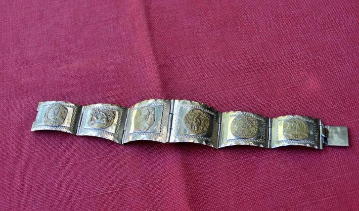 Flexibele 6 paneels zilveren armband met munten Taxco Mexico, Sieraden, Tassen en Uiterlijk, Armbanden, Gebruikt, Zilver, Zilver