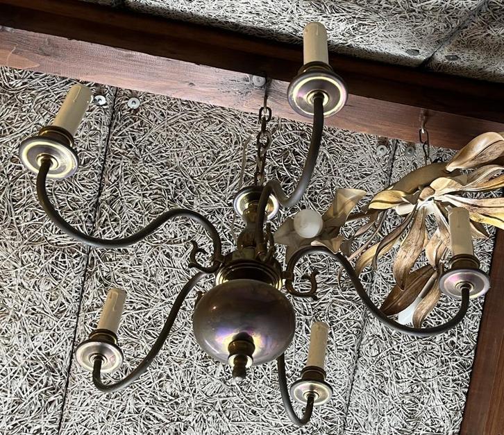 Antieke koperen kroonluchter, Huis en Inrichting, Lampen | Kroonluchters, Gebruikt, Ophalen