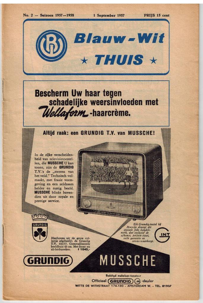 Programma Blauw Wit - NOAD van 1 september 1957, Verzamelen, Sportartikelen en Voetbal, Ophalen of Verzenden, Gebruikt, Boek of Tijdschrift