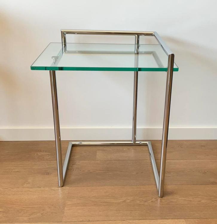 Chroom design bijzettafel met glazen blad, Huis en Inrichting, Tafels | Bijzettafels, Gebruikt, Rechthoekig, 45 tot 60 cm, Minder dan 55 cm