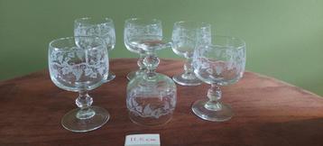 Set 6 stuks Vintage glazen druiven gravure 11.5 cm wijn beschikbaar voor biedingen