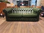 Stoere Vintage chesterfield 3 zits bank aniek groen leer, Antiek en Kunst, Ophalen of Verzenden