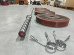 Crossmaxx barbell + olympische bumperplates 120kg, Ophalen, Halterschijven, Benen, -