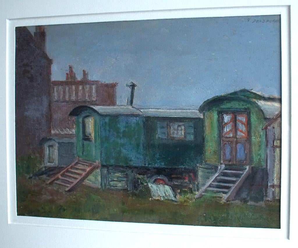 Jos Delbaere Belg. schilder woonwagens olieverf schilderij., Antiek en Kunst, Kunst | Schilderijen | Klassiek, Ophalen of Verzenden