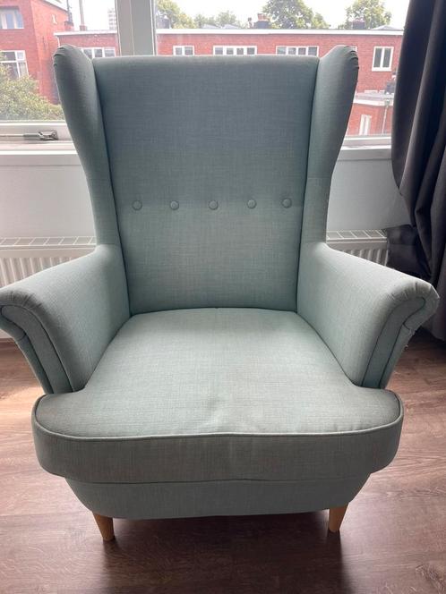 Ikea STRANDMON Oorfauteuil + beige overtrek, Huis en Inrichting, Fauteuils, Gebruikt, Stof, 75 tot 100 cm, 75 tot 100 cm, Ophalen