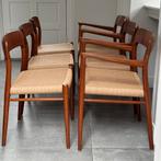 Set teak Moller vintage Deens design stoelen gerestaureerd, Midcentury modern vintage Deens design klassiekers restored, Vijf, Zes of meer stoelen