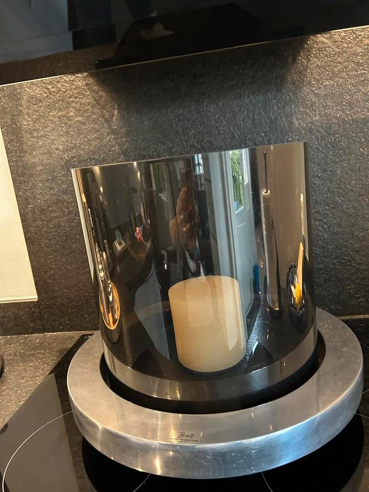 Windlicht Zwart Rookglas - Losse Schaal, Huis en Inrichting, Woonaccessoires | Kandelaars en Kaarsen, Zo goed als nieuw, Kandelaar