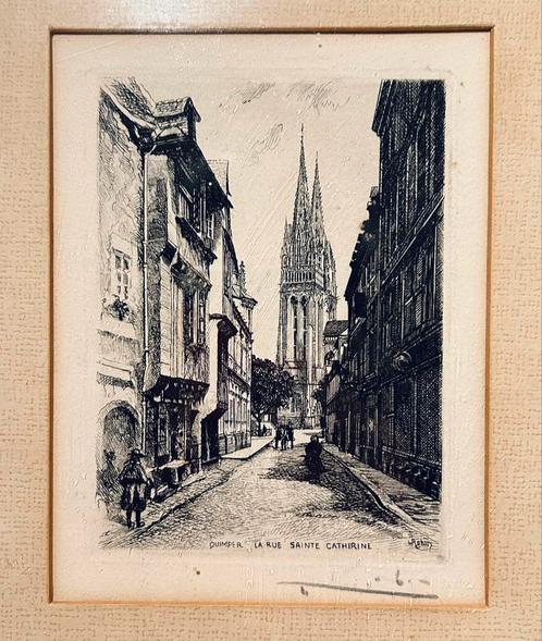 Ets van de Rue Sainte Catherine te Quimper, Luc Robin 16x 12, Antiek en Kunst, Kunst | Etsen en Gravures, Ophalen of Verzenden