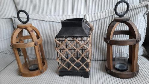 Windlichten ( 3 stuks ), Huis en Inrichting, Woonaccessoires | Kandelaars en Kaarsen, Gebruikt, Kandelaar, Hout, Bruin, Ophalen
