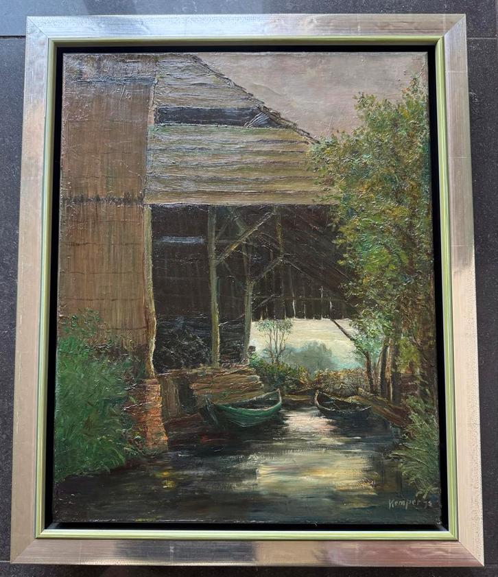 Schilderij Gert Kemper Landschap Giethoorn Schuur met punter, Antiek en Kunst, Kunst | Schilderijen | Klassiek, Ophalen of Verzenden