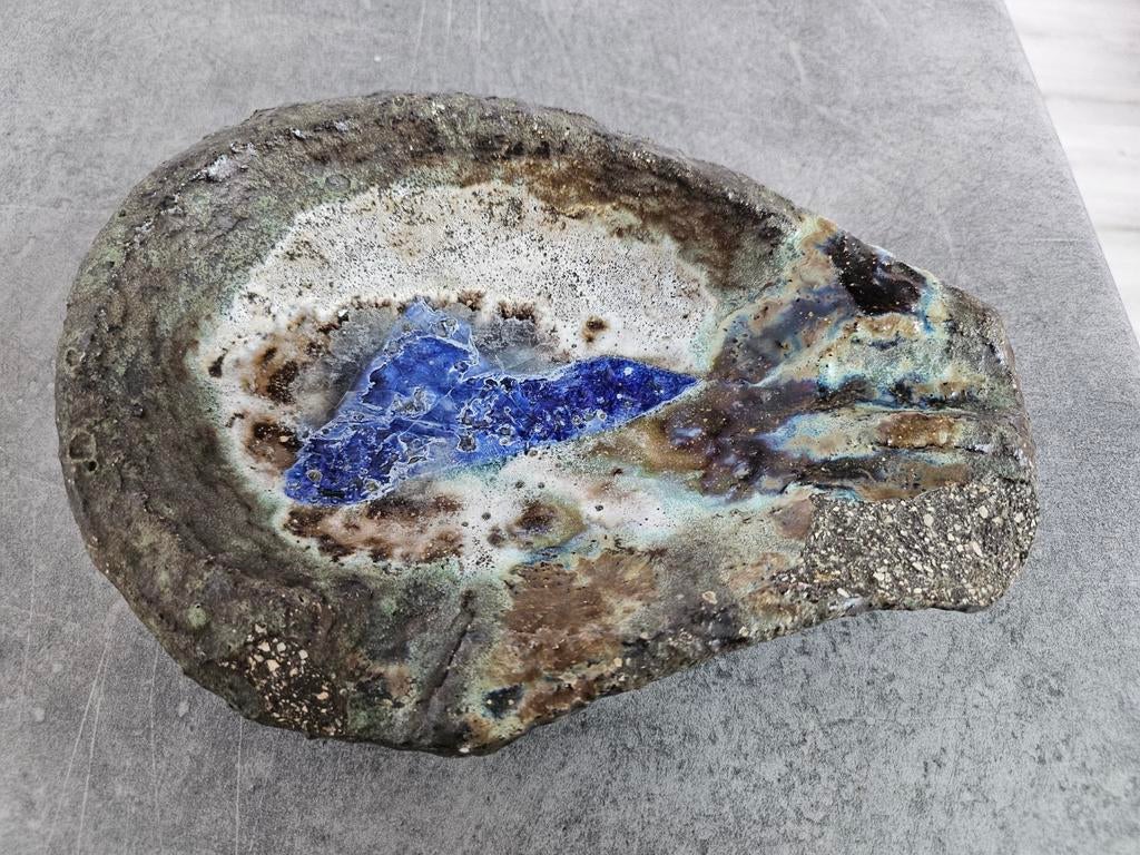 Vintage  stenen asbak met blauw glazuur accent, Ophalen of Verzenden