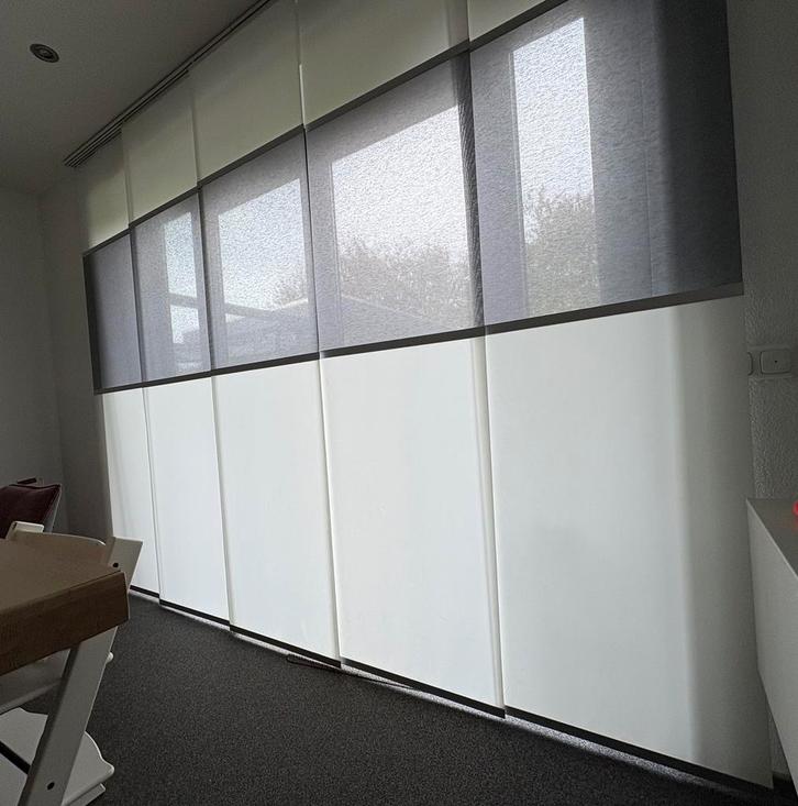 Degelijke paneelgordijnen, Huis en Inrichting, Stoffering | Gordijnen en Lamellen, Zo goed als nieuw, 200 cm of meer, Grijs, Ophalen of Verzenden