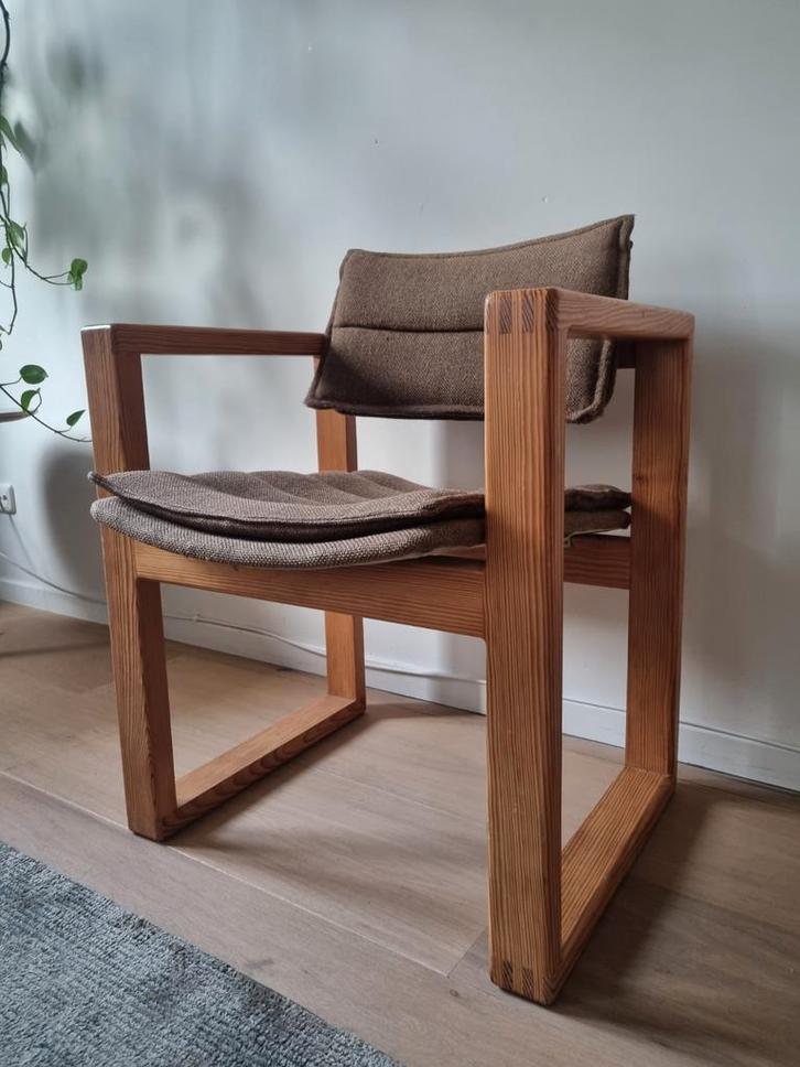 Eetkamerstoel, grenen en stof, Ate van Apeldoorn, jaren 70, Huis en Inrichting, Stoelen, Eén, Stof, Bruin, Ophalen of Verzenden