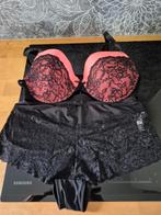 Koraal/zwart kanten BH 90D &zwart kanten hipster XL, Verzenden, Roze, BH