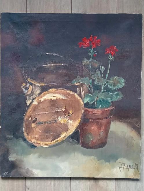Klassiek schilderij - stilleven bloem en pot olie op doek, Antiek en Kunst, Kunst | Schilderijen | Klassiek, Ophalen