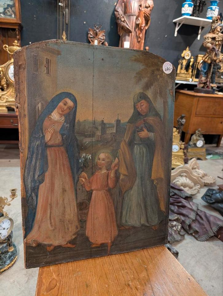 Antiek houten paneel religieuze afbeelding €265. 54x40 cm., Antiek en Kunst, Antiek | Religie, Ophalen