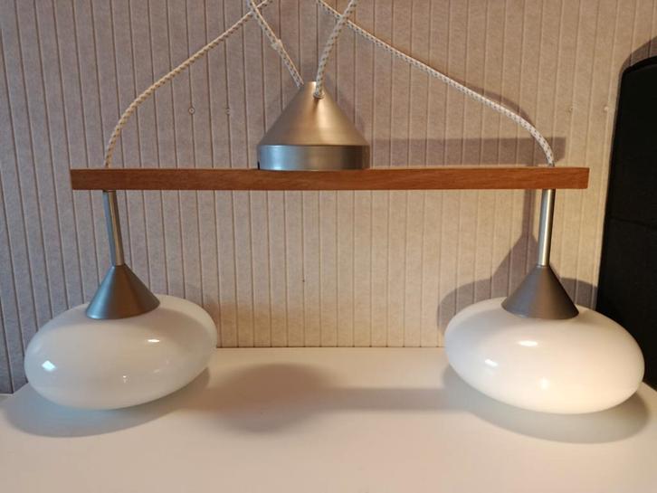 Vintage IKEA Läreda Hanglamp Jaren '90, Huis en Inrichting, Lampen | Hanglampen, Gebruikt, Minder dan 50 cm, Glas, Hout, Metaal