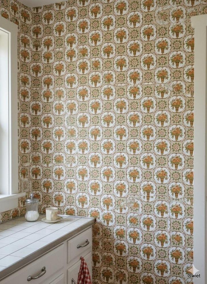 14249 vintage bloemen behang retro american kitchen swiet, Huis en Inrichting, Stoffering | Behang, Beige, Groen, Oranje, Ophalen of Verzenden